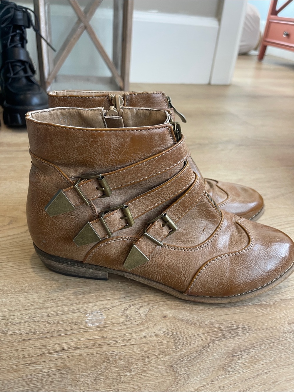 Liliana Tan Brown Faux Leather Ankle Booties with Triple Buckle Detail